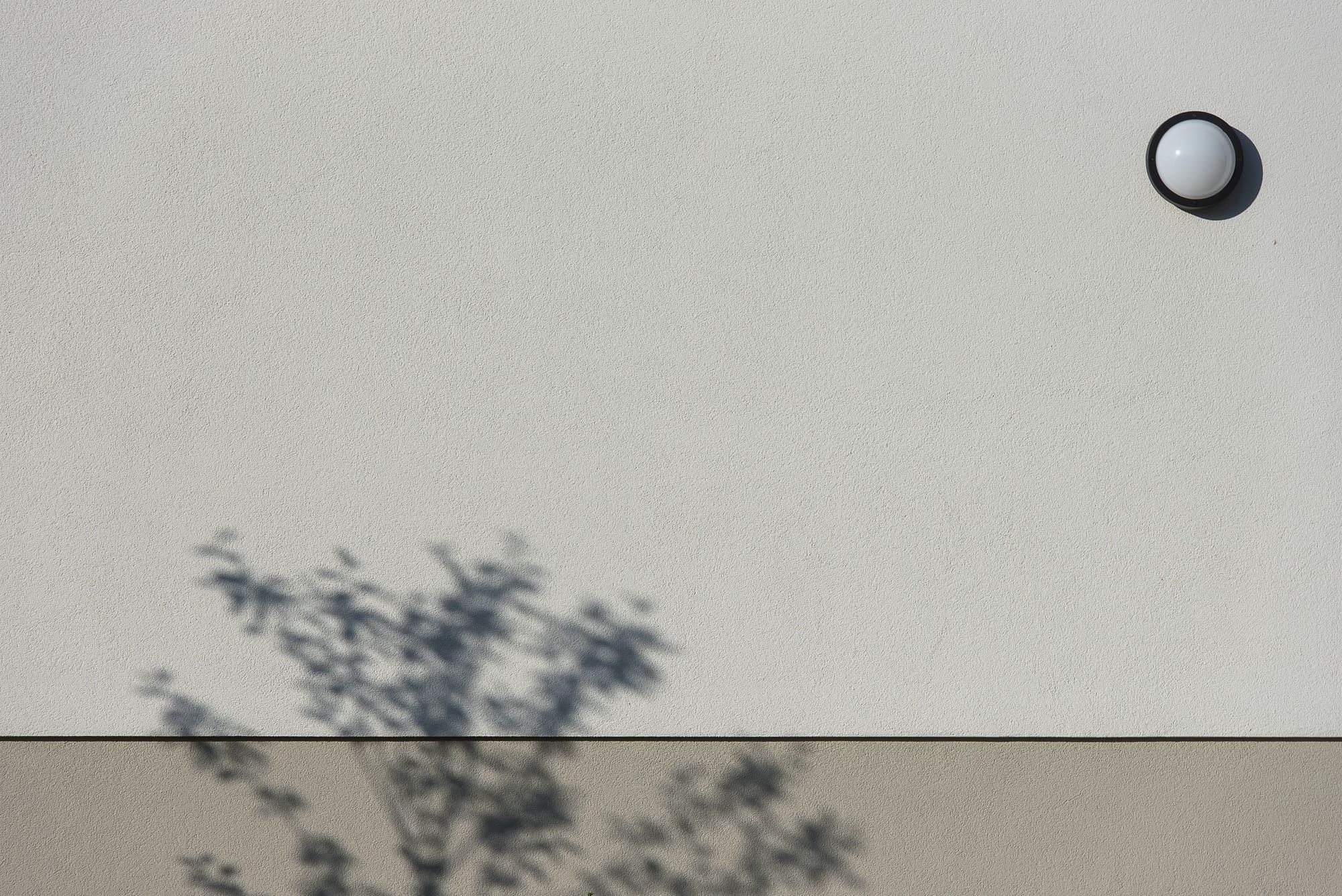 Off-white wall with a fine, even sand finish, a straight horizontal joint above a darker base band and a round bulkhead light, crossed by the shadow of a small tree